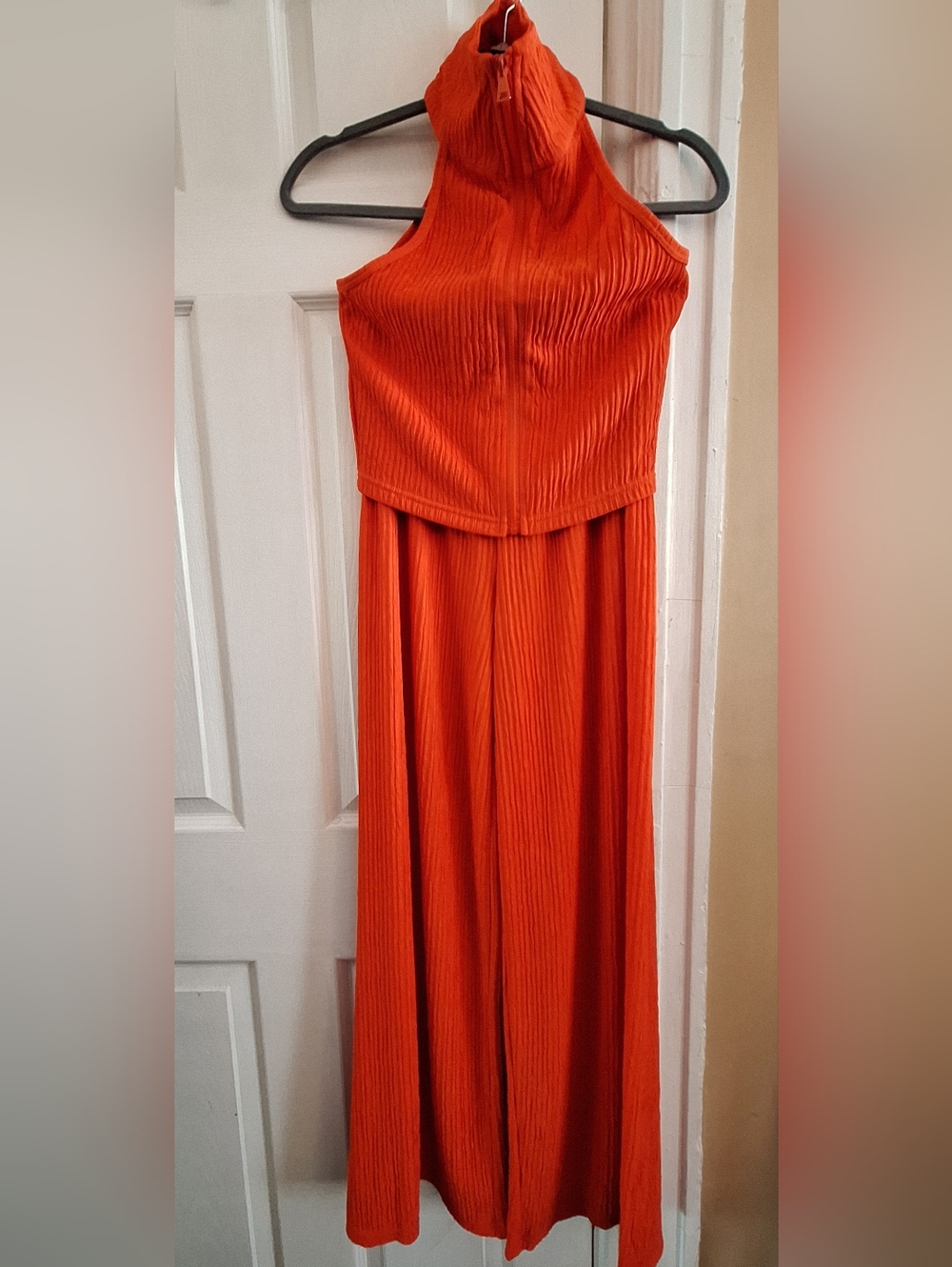 Vibrant Coral Crinkle Wide Leg Pant Set